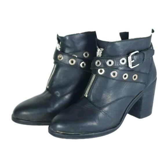 Office London Women’s US7,5 EU38 Black Leather Front Zip Studded Ankle Booties - Picture 1 of 16